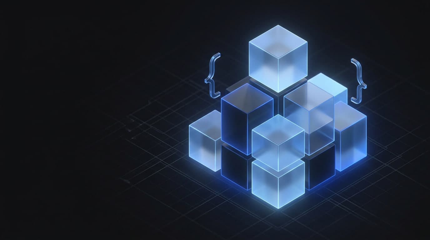 Glowing blue glass cubes stacked on a blueprint grid, representing JavaScript foundations
